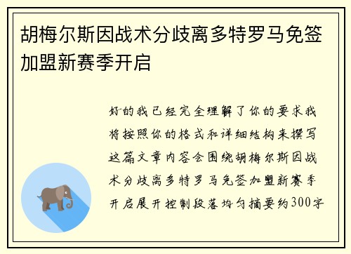 胡梅尔斯因战术分歧离多特罗马免签加盟新赛季开启