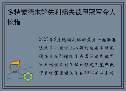 多特蒙德末轮失利痛失德甲冠军令人惋惜